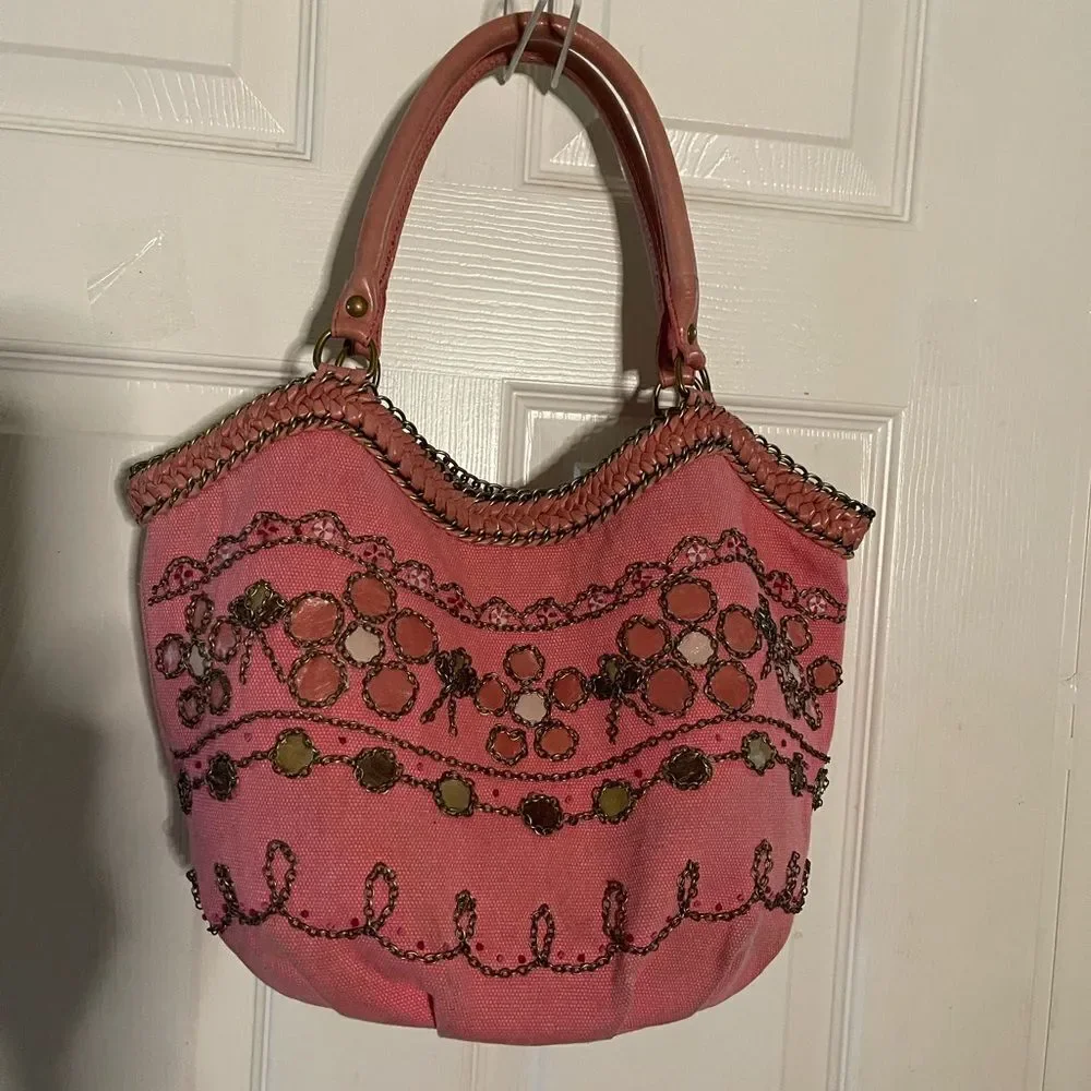 Ipa-Nima pink canvas Jeweled Embellished Satchel leather straps